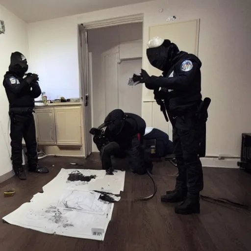 Prompt: a photo in 2 0 2 2 of several members of the french scientific police analyzing a crime scene in the living room of an apartment, police