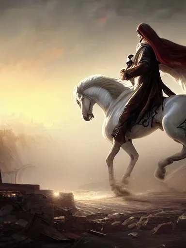 Image similar to the grim reaper, riding a white horse trought a destroyed city. the sun starting to rise in the twilight in the background. intricate, elegant, highly detailed, digital painting, artstation, concept art, sharp focus, illustration, by justin gerard and artgerm, 8 k