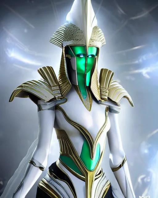 Image similar to perfect white haired attractive egyptian goddess, warframe armor, pharaoh headdress, beautiful, symmetric, dreamy, half asian, pretty face, green eyes, charlize theron, detailed, scifi platform, laboratory, experiment, 4 k, ultra realistic, epic lighting, android body, illuminated, cinematic, masterpiece, art by akihito tsukushi, voidstar