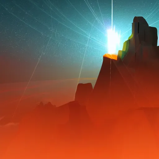 Image similar to game design of a mountain with a beam of light coming out of the top and a city at the bottom of it, there is lots of random shapes in the night sky, game design