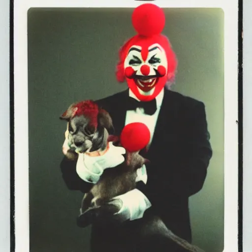 Prompt: Old polaroid photo of a Clown-Vampire with cute puppy