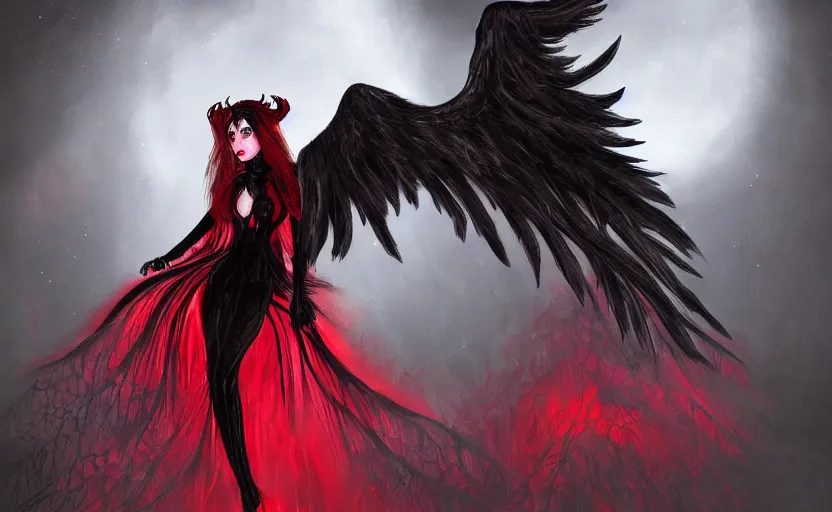 Image similar to Female dark angel in gothic red and black dress, their black wings are extended. She is in the bioluminescent forest. Fantasy and concept art, colorful digital painting , horror scene, highly detailded