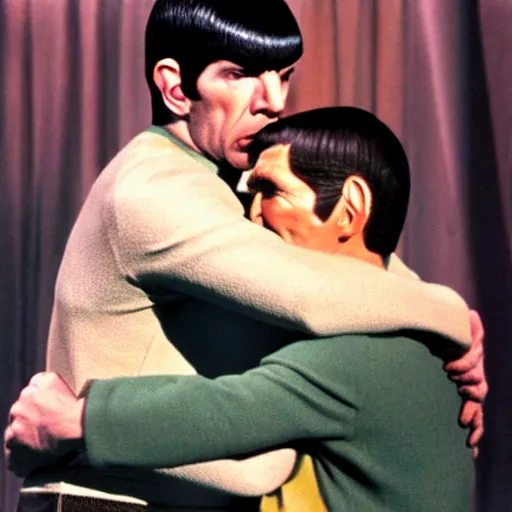 Image similar to Spock gives Kirk a hug