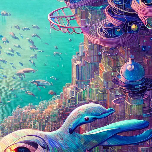 Image similar to a beautiful hyperdetailed character design 4 k wallpaper illustration of a cute dolphin, city by the sea, victo ngai cyberpunk style, from china, style of studio ghibli, makoto shinkai, raphael lacoste, louis comfort tiffany, artgerm, james jean, ross tran, chinese style