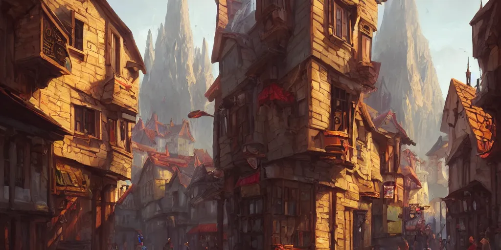 Prompt: a busy fantasy street within a fascinating old city, quirky shops, narrow streets, old buildings, by Sylvain Sarrailh, cinematic, simple but effective composition, clean lines, beautiful digital painting, oil painting, detailed, dungeons and dragons, lord of the rings