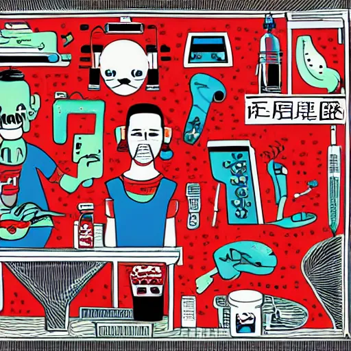 Image similar to chinese surgery operating table, in the style of daniel johnston and outsider art, 8k, line brush, minimal, overlaid with chinese adverts