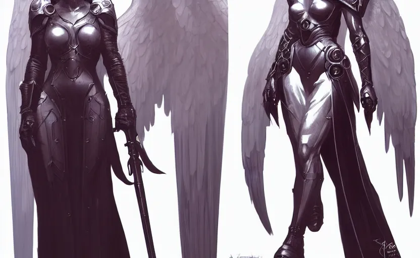 Prompt: Concept art character sheet of an Angel knight gothic girl, sci-fi, highly detailed, digital painting, artstation, concept art, smooth, sharp focus, illustration, art by artgerm and greg rutkowski and alphonse mucha