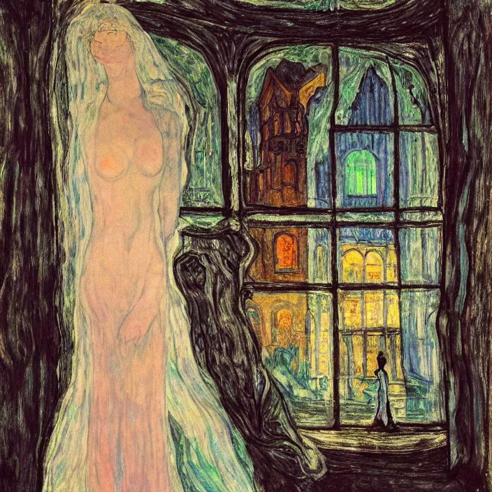 Prompt: woman in transparent vaporous night gown with demonic luminescent white apparition, with city with gothic cathedral seen from a window frame with curtains. nighe, vivid iridescent psychedelic colors, lamps. munch, egon schiele, bosch, bonnard, henri de toulouse - lautrec, utamaro, monet, agnes pelton