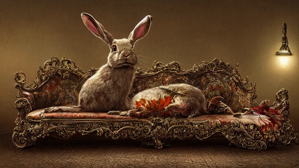 Image similar to a dead rabbit sitting on an ornate victorian couch made out of decomposing animals, intricate, detailed, volumetric lighting, sharp focus, photorealism, digital painting, highly detailed, concept art, by roger dean and simon stalenhag and mark brooks