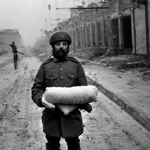 Image similar to soviet trooper with the head of hybrid of dog and pig, holding sausages, toilet paper and a notebook, on the ruined street of ukrainian village.