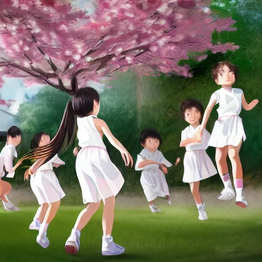 Image similar to hachishakusama wearing a white dress playing basketball against a group of kindergarteners wearing japanese school uniforms, complete detailed body, cherry blossom trees in background, moody atmosphere, digital art, highly detailed, high contrast, beautiful lighting, award winning, trending on art station, photorealistic, 8 k,