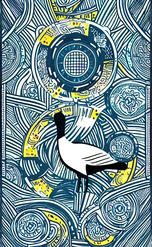 Prompt: poker card design, simple aesthetic, vector line art, solid colors, japanese crane bird in center, rounded elements, vivid colors, clean style, trending on kickstarter