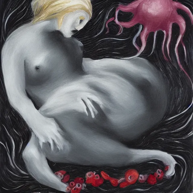 Image similar to a female art student falling asleep, misty, iceberg, black paint, dark, sensual, polar bear, cloudy, squashed berries, octopus, neo - impressionist, surrealism