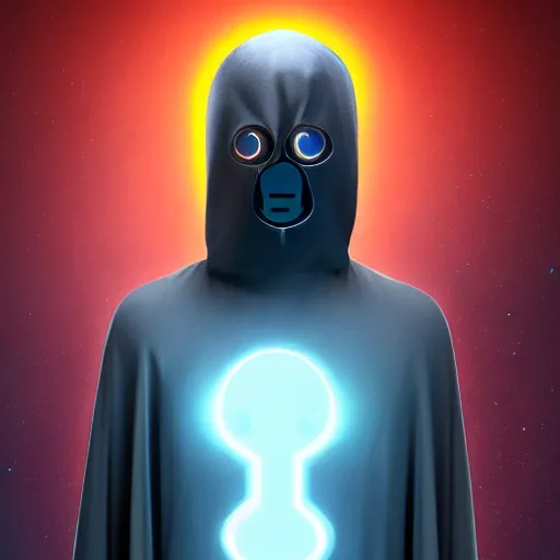 Prompt: award - winning. trending on artstation. 4 k. a faceless robotic figure wearing a hooded cape made of the night sky with 1 dark blue glowing eye on its face. full - body.