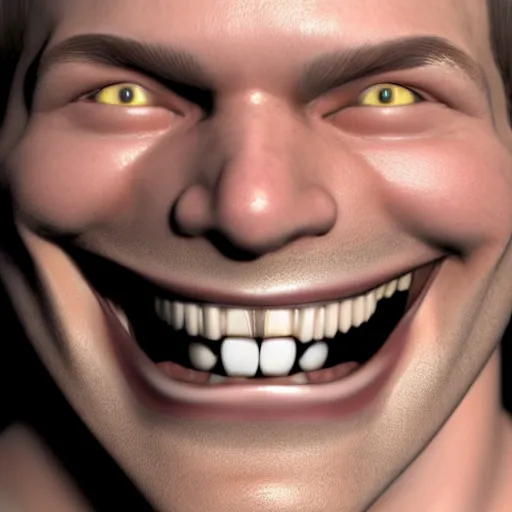Prompt: human face closeup with extremly wide smile with sharp teeth, global illumination, 8k, extremly realistic, super detailed, sharp
