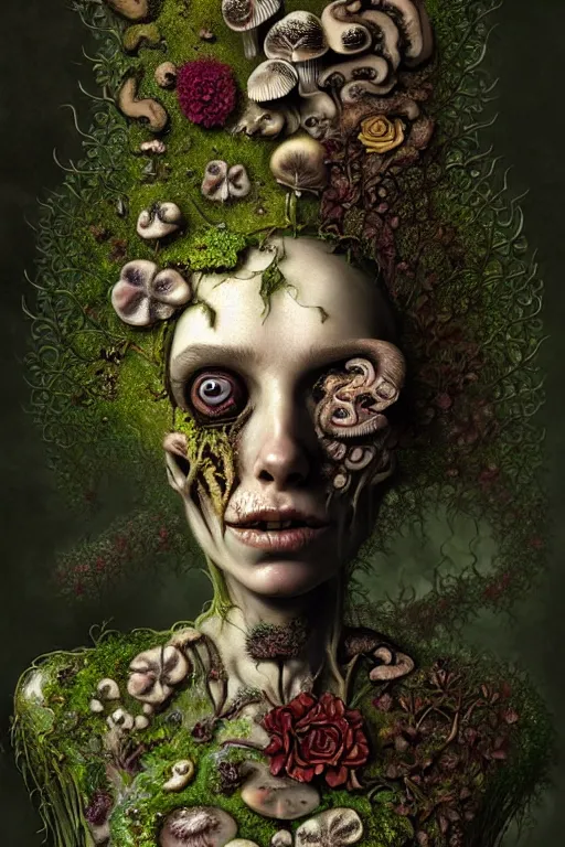 Image similar to very sad and detailed rotten woman corpse with fractal plants and fractal flowers and mushrooms growing around, face muscles, veins, arteries, intricate, ornate, surreal, ray caesar, john constable, guy denning, dan hillier