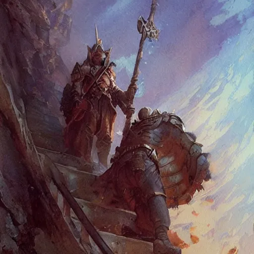 Image similar to simple clear Heroic Paladin Dsurion ascends the stairway to valhalla Hand Crafted By Rodin. Painting by greg rutkowski Donato Giancola Jeff Simpson norman rockwell stamp watercolor