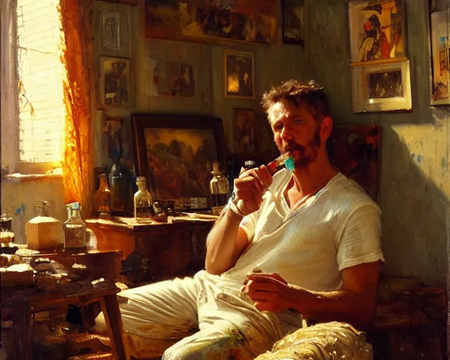 Image similar to an exhausted painter in his studio with a bottle of whisky. highly detailed painting by gaston bussiere, craig mullins, j. c. leyendecker 8 k