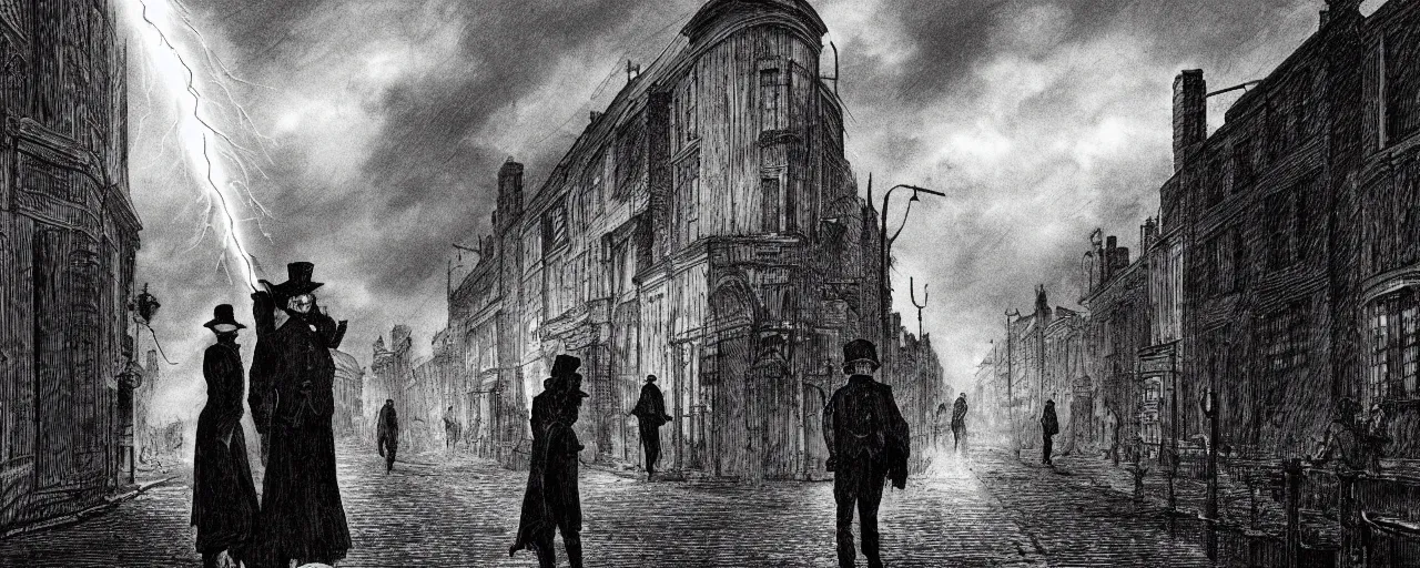 Image similar to Jack the ripper lurking at an innocent victim, 18th century London, streets, horror theme, detailed, elegant, intricate, cinematic lightning