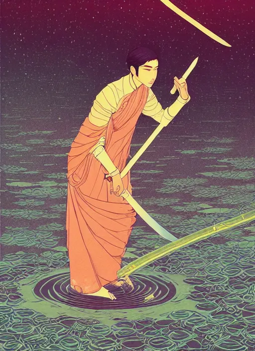 Image similar to third lotus prince committed suicide by drawing his sword by the riverby ilya kuvshinov and victo ngai