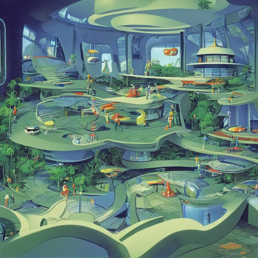 Image similar to concept art of jetsons cartoon indoor scenario of a futuristic house, painted by tim white