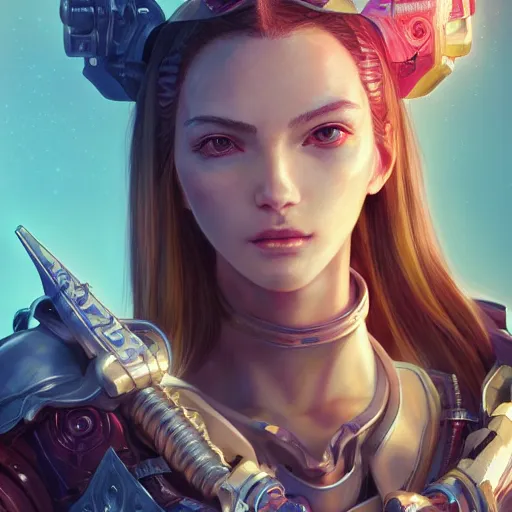 Image similar to studio portrait of lawful good colorful female holy mecha paladin absurdly beautiful, elegant, young sensual graceful woman, ultrafine hyperrealistic detailed face illustration by kim jung gi, irakli nadar, intricate linework, sharp focus, bright colors, matte, octopath traveler, final fantasy, unreal engine highly rendered, global illumination, radiant light, intricate environment