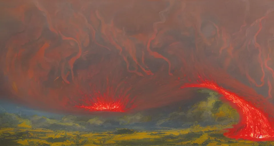 Prompt: a volcano made of ivory vines and crimson rocks enters in eruption, it spits a smoke in the shape of demonic eye, by PAUL LEHR ,