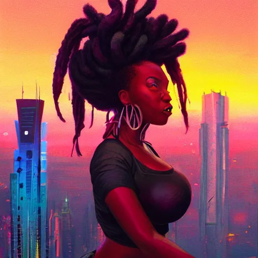 Prompt: a voluptuous black woman with colorful dreadlocks sitting on top of a skyscraper in the cyberpunk city at sunset, by greg rutkowski and android jones and Alena Aenami, oil on canvas, vibrant color scheme 8k