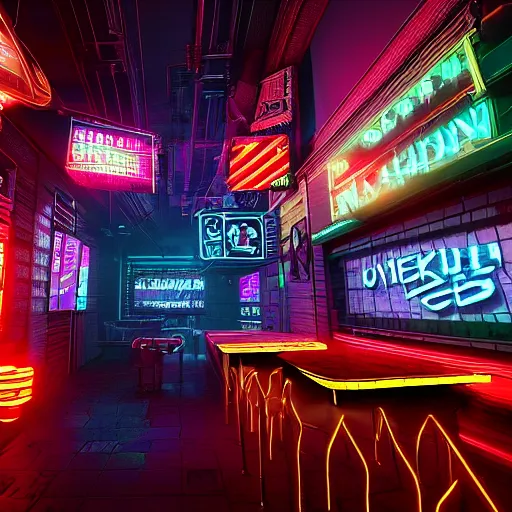Prompt: award winning photograph of a cyberpunk nightscape, small bar with lights on, lots of neon, ray traced reflections, global illumination, octane render