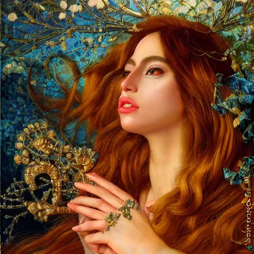 Image similar to photo realistic, hyper realism, lady gaga artpop act ii album, intricate detail, hyper detail, gaston bussiere, sandro botticelli style, with honey light brown rapunzel hair, detailed, masterpiece, sharp focus,