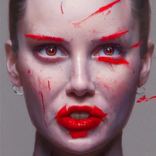 Image similar to A masterpiece portrait of a Female version of Patric Bateman from American Psycho. Red drops on face. medium shot, intricate, elegant, highly detailed. trending on artstation, digital art, by Stanley Artgerm Lau, WLOP, Rossdraws, James Jean, Andrei Riabovitchev, Marc Simonetti, Yoshitaka Amano