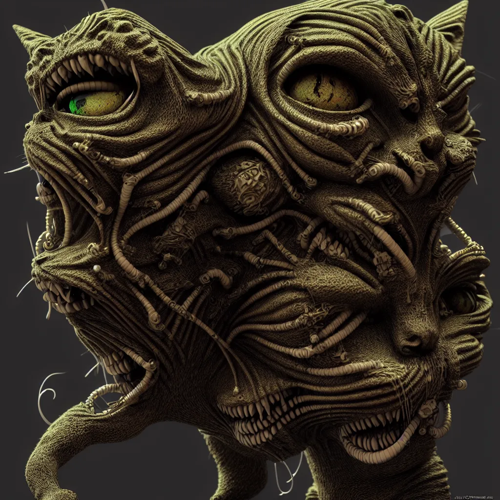 Image similar to a surrealistic 3d render of a druglaced cat in the style of mohrbacher and giger,vray,octane,cinema4d,volumetric, unreal engine 5, artstation,cgsociety,award winning art, ornate, intricate, 4k,post processing,compositing,