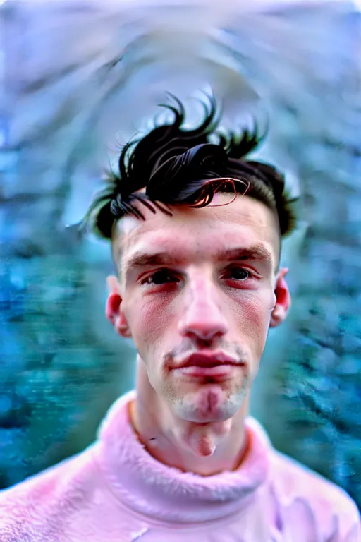 Image similar to high quality pastel coloured film mid angle portrait photograph of a beautiful young 2 0 year old male, soft features, short black hair, baggy oversized inflated clothing!!!!! icelandic black rock pool environment. atmospheric. three point light. photographic. art directed. ( pastel colours ). volumetric light. clearcoat. waves glitch. 8 k. filmic.