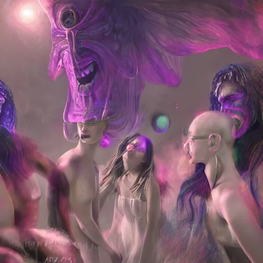 Prompt: ephemeral eldritch beings partying, rave, cosmic imagery, intense emotion, emotional fantasy concept art, photography hyperrealism, 3d rendering, detailed eyes