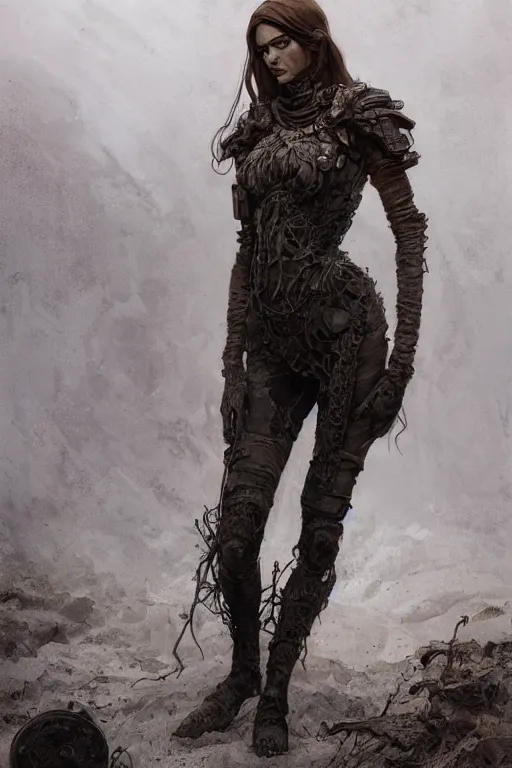 Image similar to a full body portrait of a beautiful post apocalyptic offworld nordic necromancer reposed by the mud pits, intricate, elegant, highly detailed, digital painting, artstation, concept art, smooth, sharp focus, illustration, art by krenz cushart and artem demura and alphonse mucha