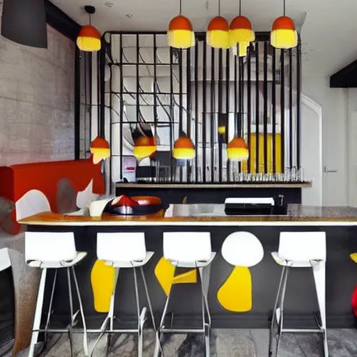 Prompt: caffe interior design, modern look, colorful, realistic