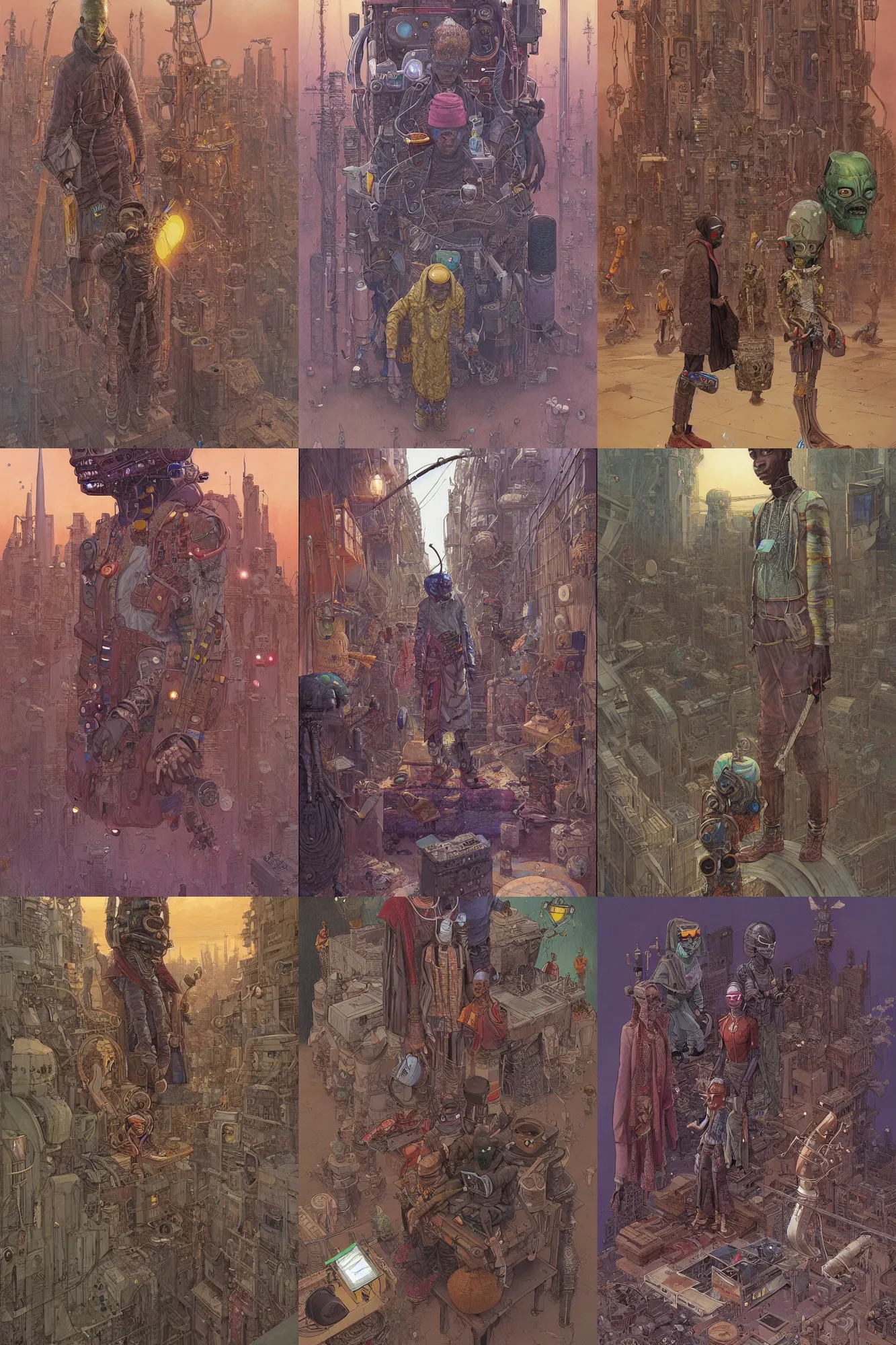 Prompt: African Cyberpunk Wizards, by Moebius!!!, by Mattias Adolfsson, ((by Mandy Jurgens)), oil on canvas