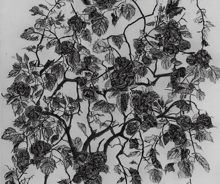 Prompt: drawing of black vines, black roses, black thorns, old statues