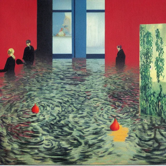 Image similar to painting of flood waters inside an apartment, tall female emo art student, a river flooding indoors, pomegranates, pigs, ikebana, water, river, rapids, waterfall, black swans, canoe, berries, acrylic on canvas, surrealist, by magritte and monet