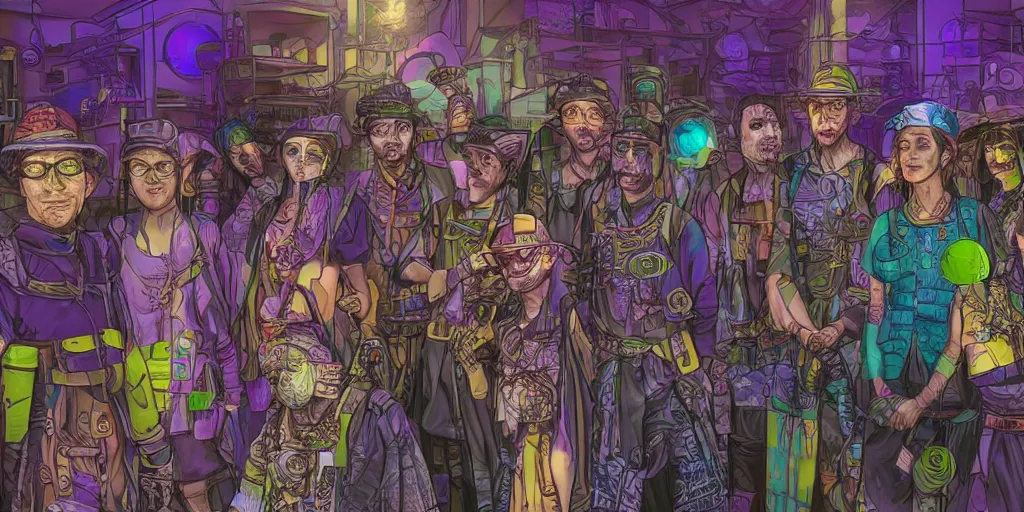 Prompt: diverse group of solarpunk craftspeople working on projects independently, vibrant, various art styles, various artists, detailed faces, hyperrealistic, steampunk, detailed eyes, neon purple blue samurai, bucket hat