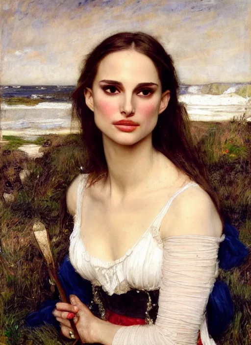 Image similar to a beautiful painting of natalie portman by John Everett Millais and Dante Gabriel Rossetti and John Collier and john william waterhouse, pre-raphaelite, detailed, trending on artstation, hd, masterpiece