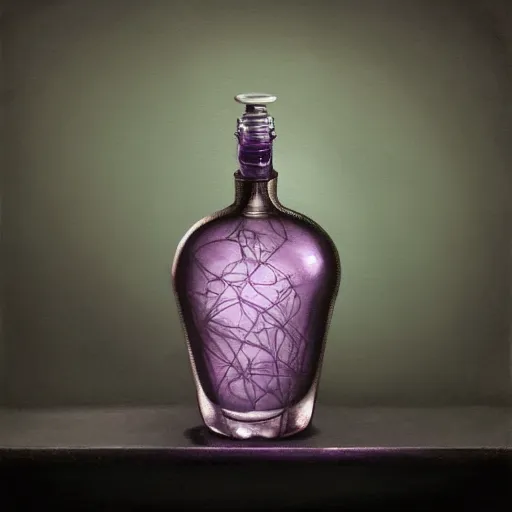 Prompt: a painting of a steampunk lilac potion bottle in a dark dusty vintage science lab, by h. r. giger, hyperrealistic fantasy art, concept matte, ethereal, dreamy, digital art, trending on artstation, volumetric cinematic lighting