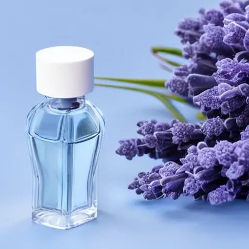 Image similar to cool blue perfume bottle surrounded by a plethora of sparse cool blue and lavendar flowers and green stems, bright white realistic, up close shot, white background, zen, light, modern minimalist f 2 0 clean