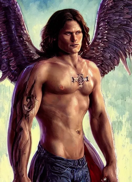 Prompt: beautiful! Sam Winchester as a muscular angel with a big cross pendant and religious and magic tattoos on chest and neck, big Angel wings wide open, stained and bleeding, D&D!, fantasy style, sharp focus!, ultra detailed, art by Artgerm and Peter Andrew Jones, WLUP