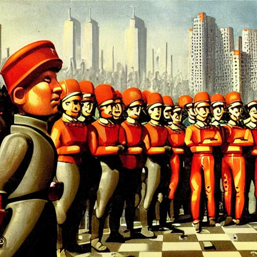 Prompt: robot revolutionary speaking to a crowd of robots amid the backdrop of a cyberpunk city in the socialist realist style of lenin speaking to the red army by isaac brodsky