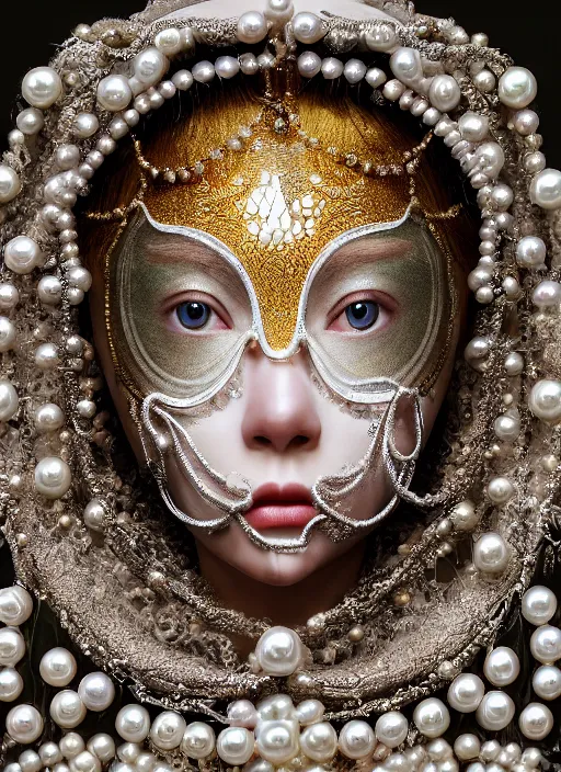 Image similar to hyperrealism, detailed textures, award winning autochrome photo, symetrical japanese pearl medusa queen autochrome pearl portrait, pearl silverplate, intricate, detailed facial pearl animal mask, pearl, golden jewelery, silverplate, ultra realistic, cinematic, intricate, cinematic light by steve mccurry, unreal engine 8 k