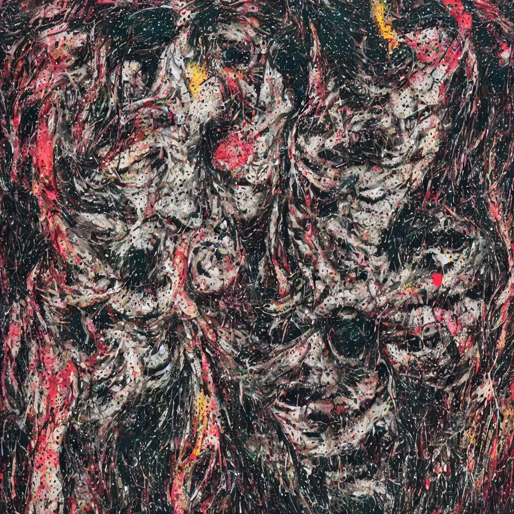 Image similar to camo made of teeth, smiling, abstract, francis bacon artwork, cryptic, dots, spots, stipple, lines, splotch, color tearing, pitch bending, faceless people, dark, ominous, eerie, hearts, minimal, points, technical, old painting, neon colors, folds