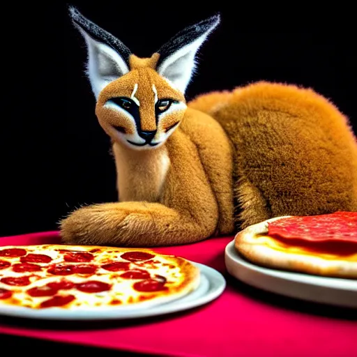 Image similar to a macro photo of cute fluffy caracal toy and a slice of pizza, cheese and pepperoni, hyper realistic, hyper detailed, 35mm, very grainy film, volumetric studio lighting, bokeh, black background award winning shot, vogue magazine, cinematic, 8k, very closeup, elegant, tender, pastel