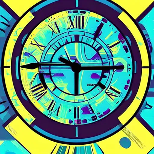Image similar to centred clock arrow colourful scifi illustration art by tim doyle
