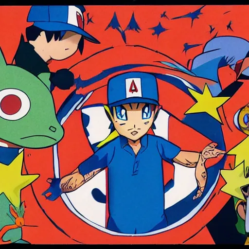 Prompt: Ash Ketchum and his pokemons, designed by Steve Ditko